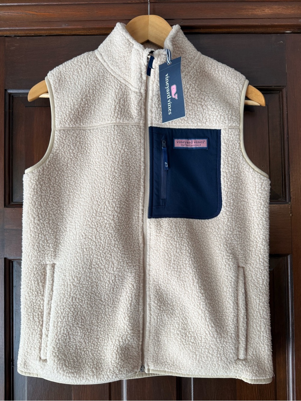 Vineyard Vines Kids Cream Sherpa Vest with Navy Chest Pocket
